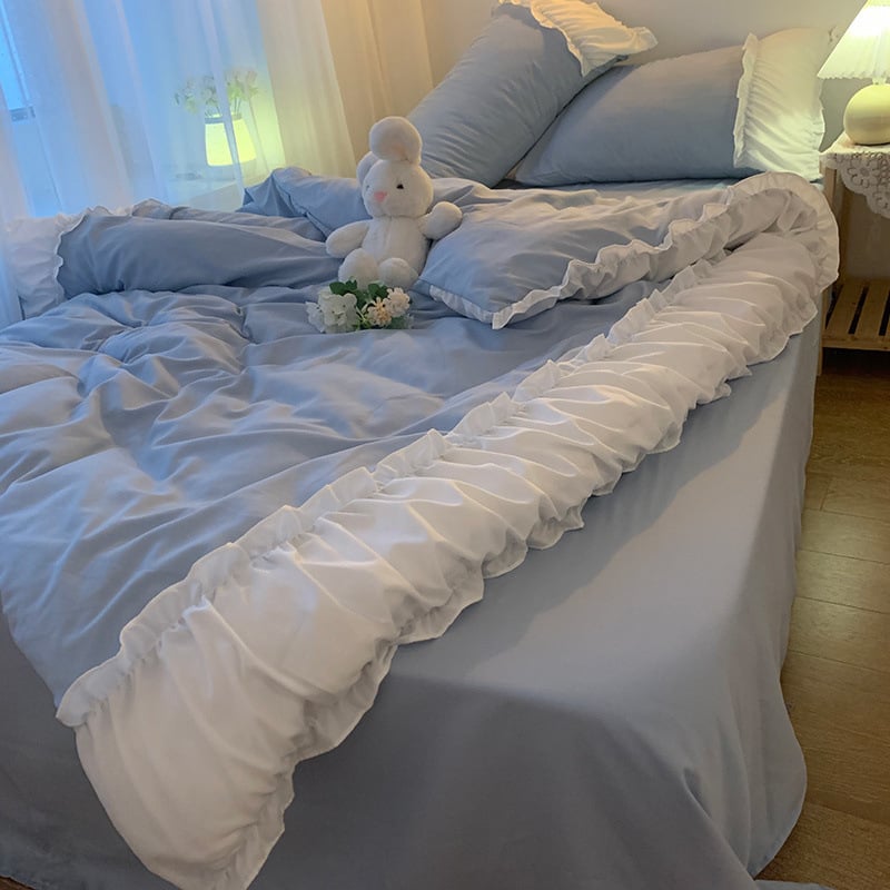 Set posteljine u princez stilu, plava čipka, 4 dijela, jednobojna posteljina i posteljna suknja
