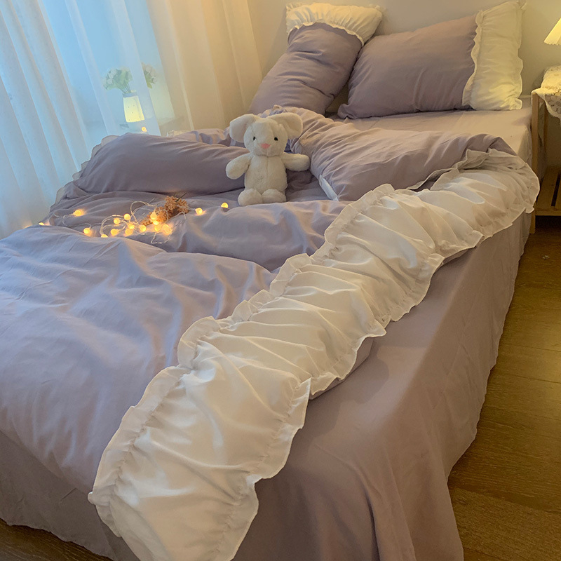 Set posteljine u princez stilu, plava čipka, 4 dijela, jednobojna posteljina i posteljna suknja