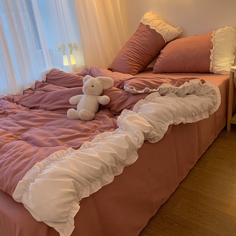 Set posteljine u princez stilu, plava čipka, 4 dijela, jednobojna posteljina i posteljna suknja