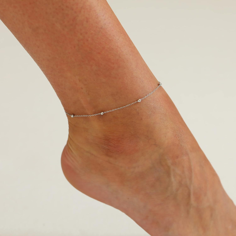 Kojos anklet su satelito karoliukais ir herringbone grandinė, nerūdijantis plienas, moteriškas geometrinis dizainas, pritaikomas
