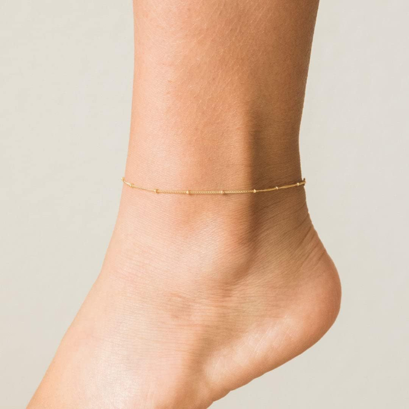Kojos anklet su satelito karoliukais ir herringbone grandinė, nerūdijantis plienas, moteriškas geometrinis dizainas, pritaikomas
