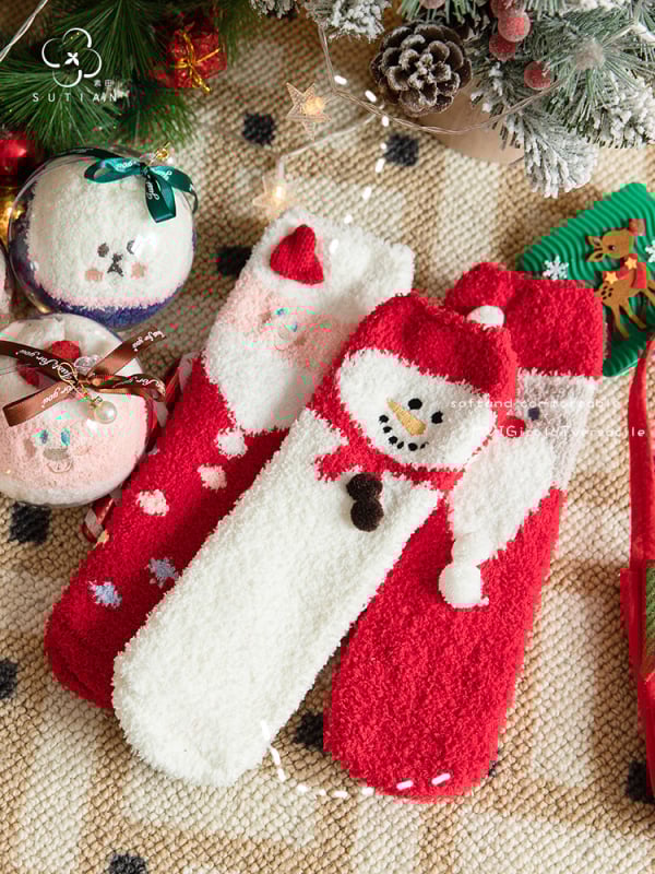 Vaikų Kalėdų kojinės tėvų ir vaikų porai, tankus poliesterio pluoštas, vidutinio ilgio, karikatūrų raštas