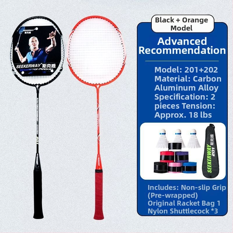 Badmintona rakete studentiem — oglekļa šķiedras rāmis, neilona auklas, vidēja stingrība stienim
