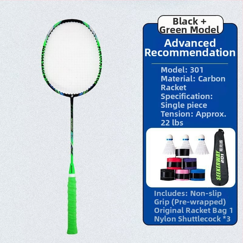 Badmintona rakete studentiem — oglekļa šķiedras rāmis, neilona auklas, vidēja stingrība stienim