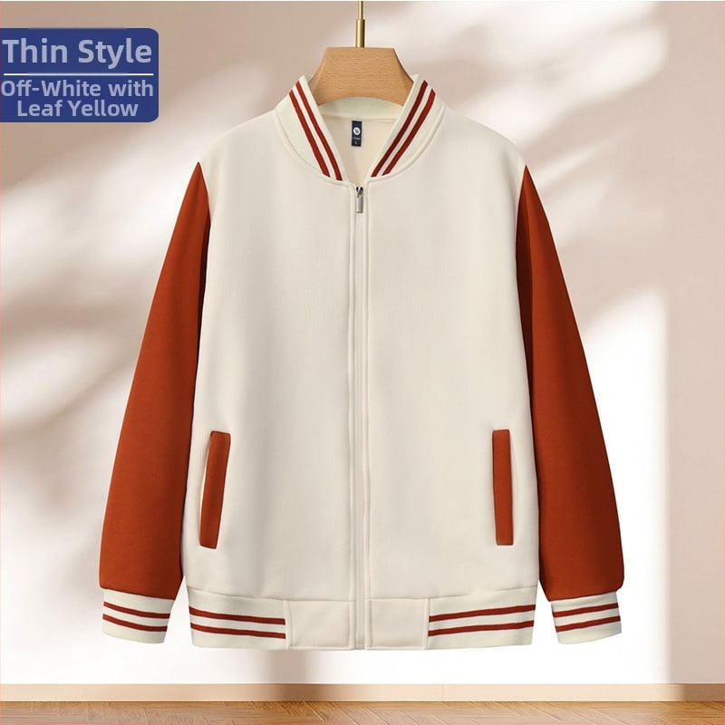 Bloku raksta baseball jaka ar rāvējslēdzēju, stāvošs kakls, brīvā piegriezuma griezums, logotipa druka