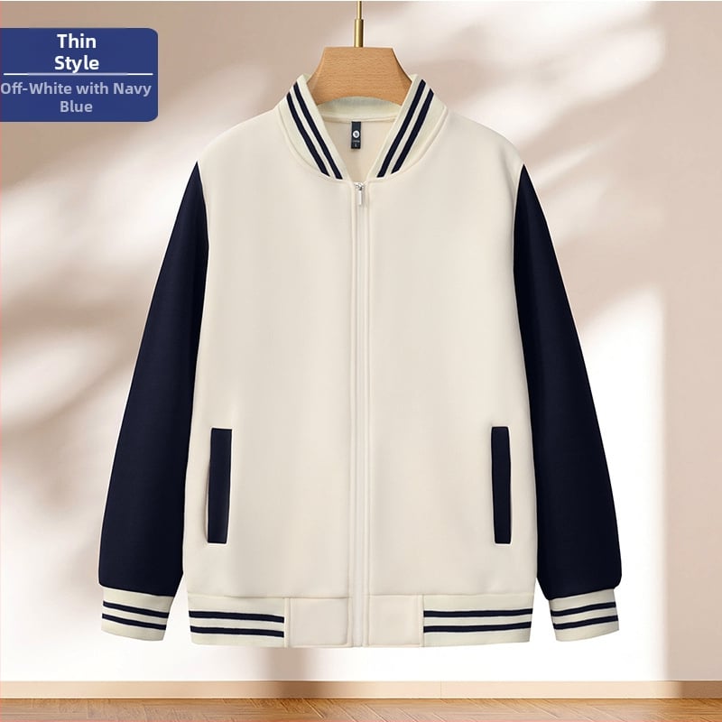 Bloku raksta baseball jaka ar rāvējslēdzēju, stāvošs kakls, brīvā piegriezuma griezums, logotipa druka