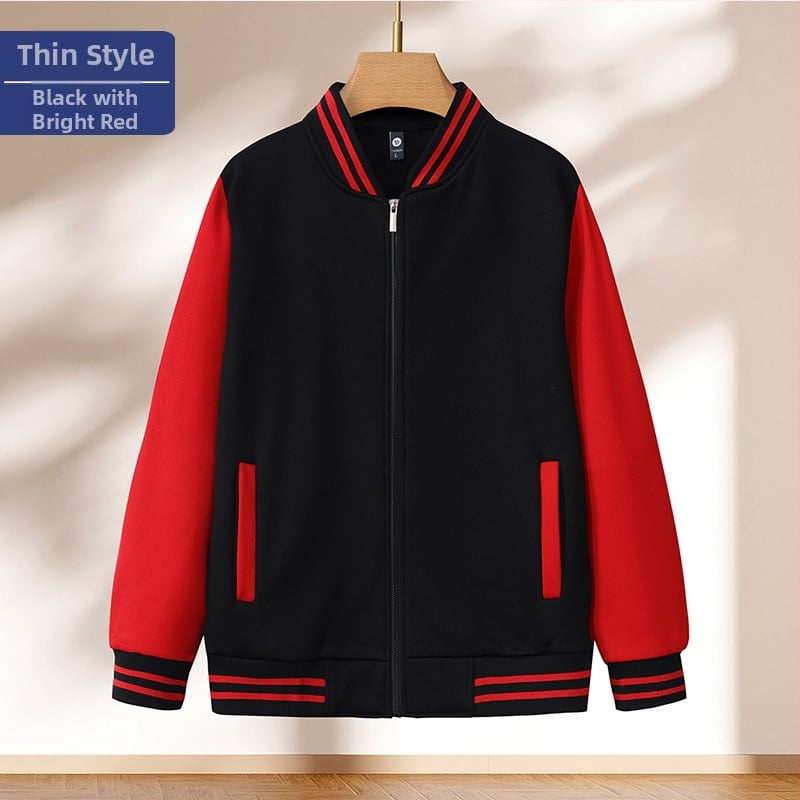 Bloku raksta baseball jaka ar rāvējslēdzēju, stāvošs kakls, brīvā piegriezuma griezums, logotipa druka