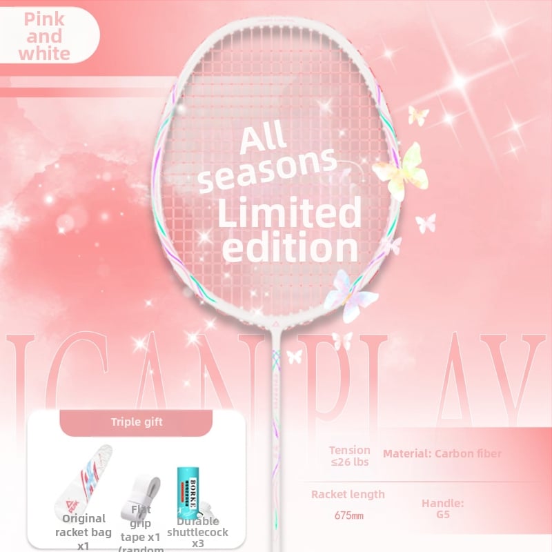 Badmintona rakete ar oglekļa šķiedras rāmi (svars 85-89 g; rokturis G5; tiešais sitiens; vidēja stingrība)