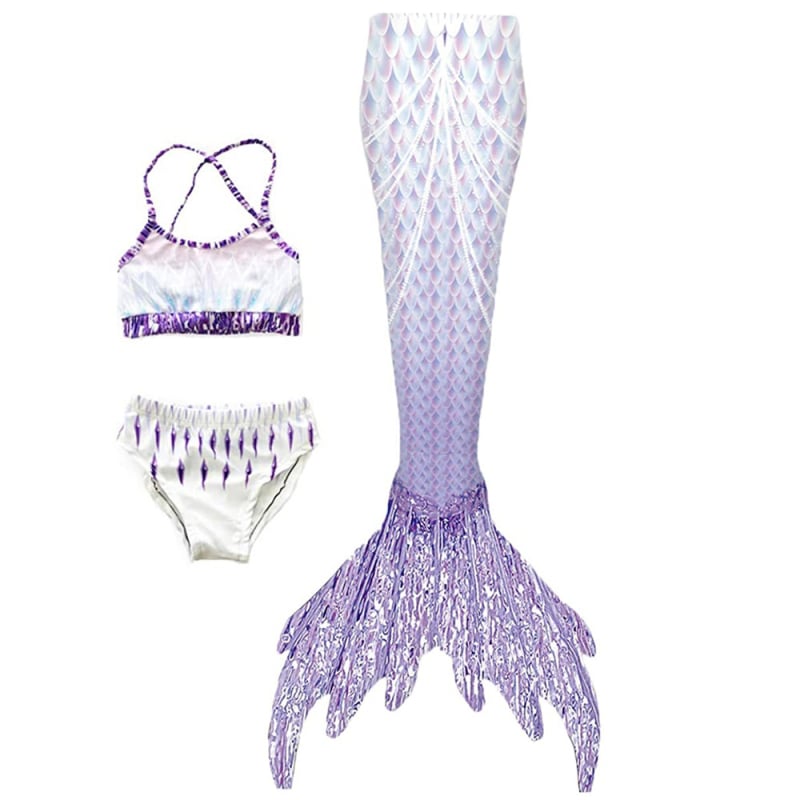 Vaikų trijų dalių mermaid plaukimo kostiumas mergaitėms — aukštas elastingumas; išorė: nailonas, pamušalas: poliesteris, svoris 200 g, tinkamas plaukimui.