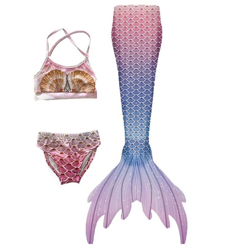 Vaikų trijų dalių mermaid plaukimo kostiumas mergaitėms — aukštas elastingumas; išorė: nailonas, pamušalas: poliesteris, svoris 200 g, tinkamas plaukimui.