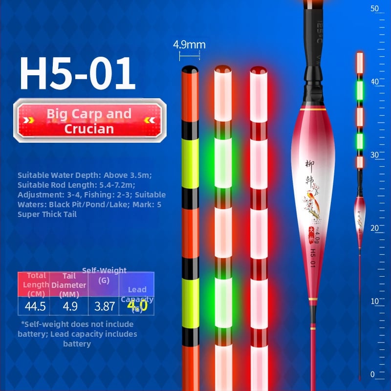 Elektroniska vertikālā pludiņa driftam ar luminescējošu gaismu, garš metiens, cieta aste, kompozīta materiāls