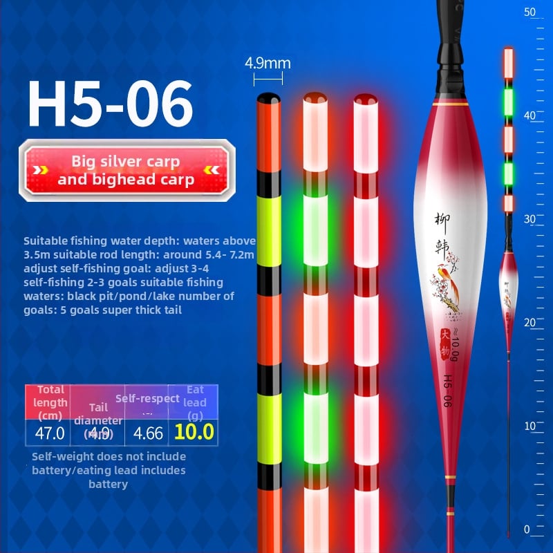 Elektroniska vertikālā pludiņa driftam ar luminescējošu gaismu, garš metiens, cieta aste, kompozīta materiāls