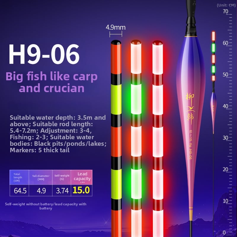 Elektroniska vertikālā pludiņa driftam ar luminescējošu gaismu, garš metiens, cieta aste, kompozīta materiāls