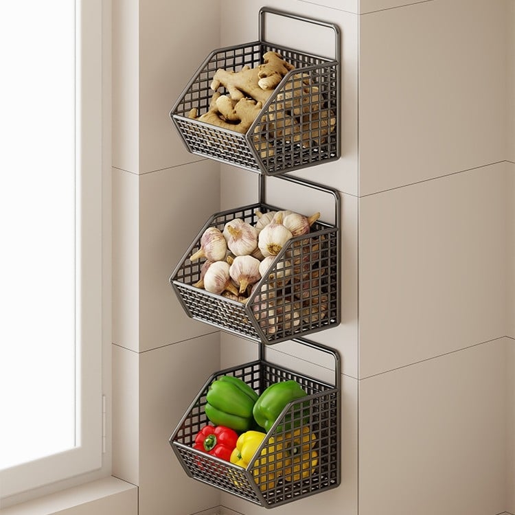 Fan lilin Стенен кухненски кош за лук, джинджифил и чесън — метална конструкция, многофункционален органайзер за подправки, модел 2111749679531788672