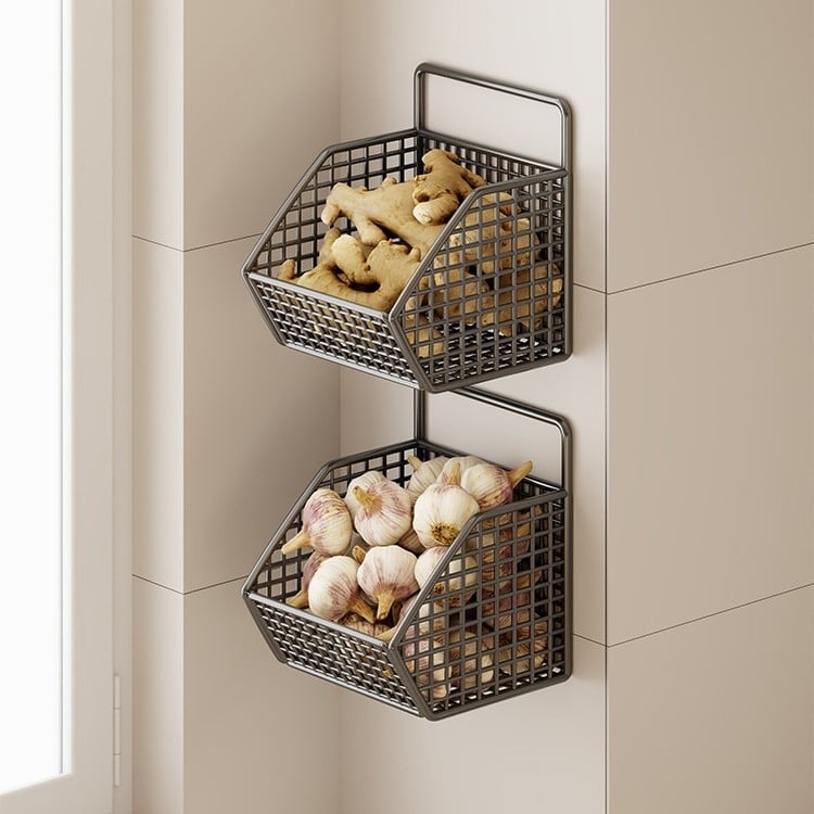 Fan lilin Стенен кухненски кош за лук, джинджифил и чесън — метална конструкция, многофункционален органайзер за подправки, модел 2111749679531788672