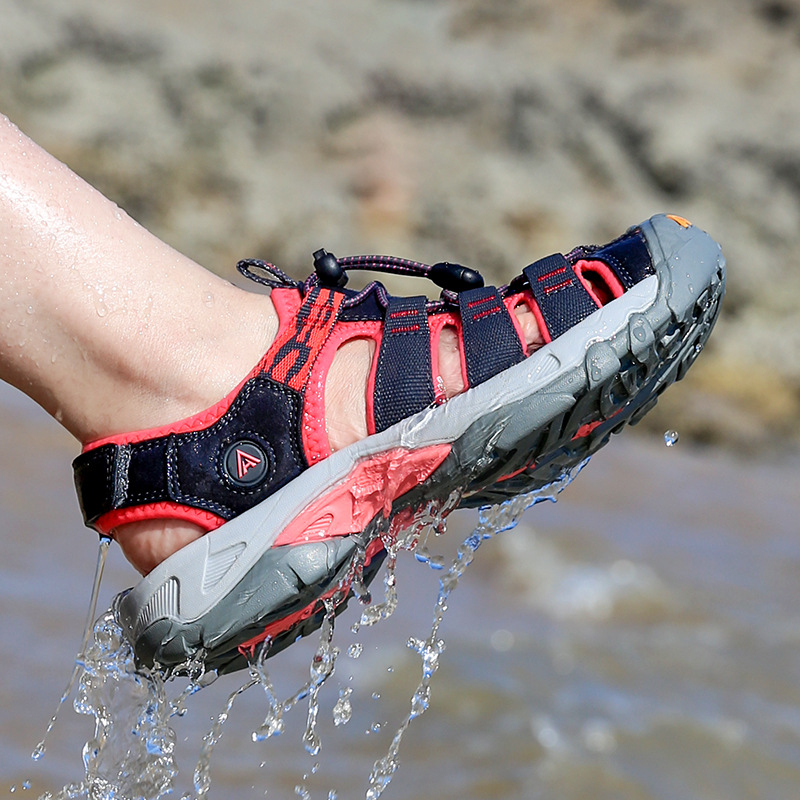 Ūdens taku kurpes ar Velcro aizdari, pretslīdēšanas zole, augšdaļa no neilona un ādas, sietuiekšpuse, zems profils