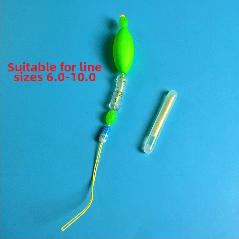 Makšķerēšanas līnijas piederums ar pastiprinošu stieni, luminescējošu pērlīti un galvenās līnijas savienotāju