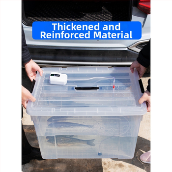 Dzīvām zivīm paredzētais konteineris automašīnas bagāžniekam — plastmasas akvārija kārba zivju audzēšanai un jūras velšu uzglabāšanai