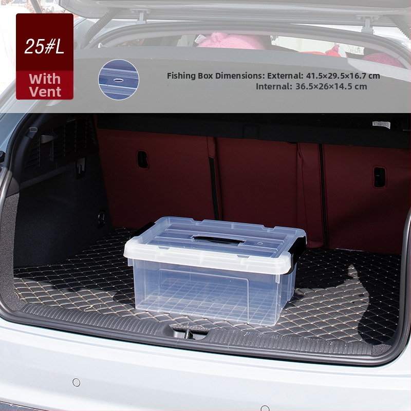 Dzīvām zivīm paredzētais konteineris automašīnas bagāžniekam — plastmasas akvārija kārba zivju audzēšanai un jūras velšu uzglabāšanai