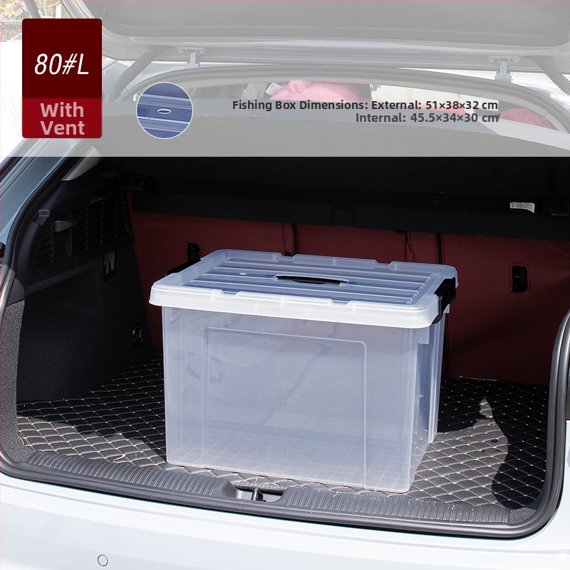 Dzīvām zivīm paredzētais konteineris automašīnas bagāžniekam — plastmasas akvārija kārba zivju audzēšanai un jūras velšu uzglabāšanai