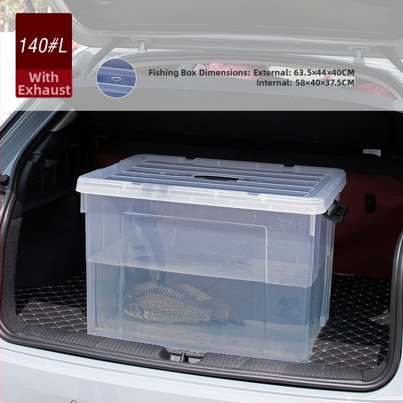 Dzīvām zivīm paredzētais konteineris automašīnas bagāžniekam — plastmasas akvārija kārba zivju audzēšanai un jūras velšu uzglabāšanai