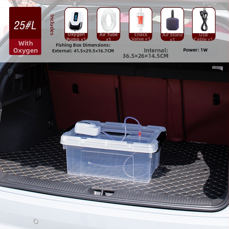 Dzīvām zivīm paredzētais konteineris automašīnas bagāžniekam — plastmasas akvārija kārba zivju audzēšanai un jūras velšu uzglabāšanai