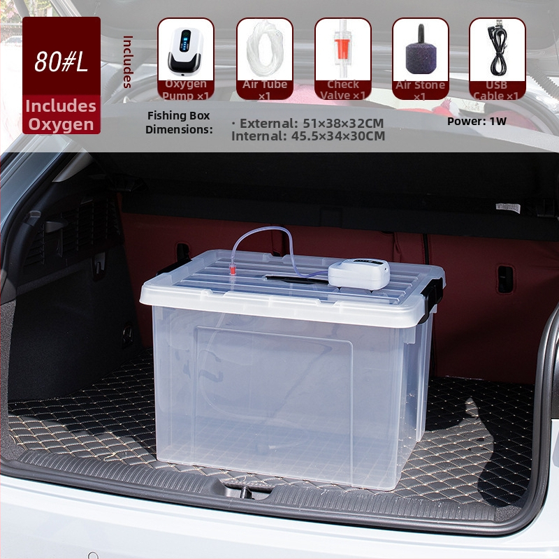 Dzīvām zivīm paredzētais konteineris automašīnas bagāžniekam — plastmasas akvārija kārba zivju audzēšanai un jūras velšu uzglabāšanai