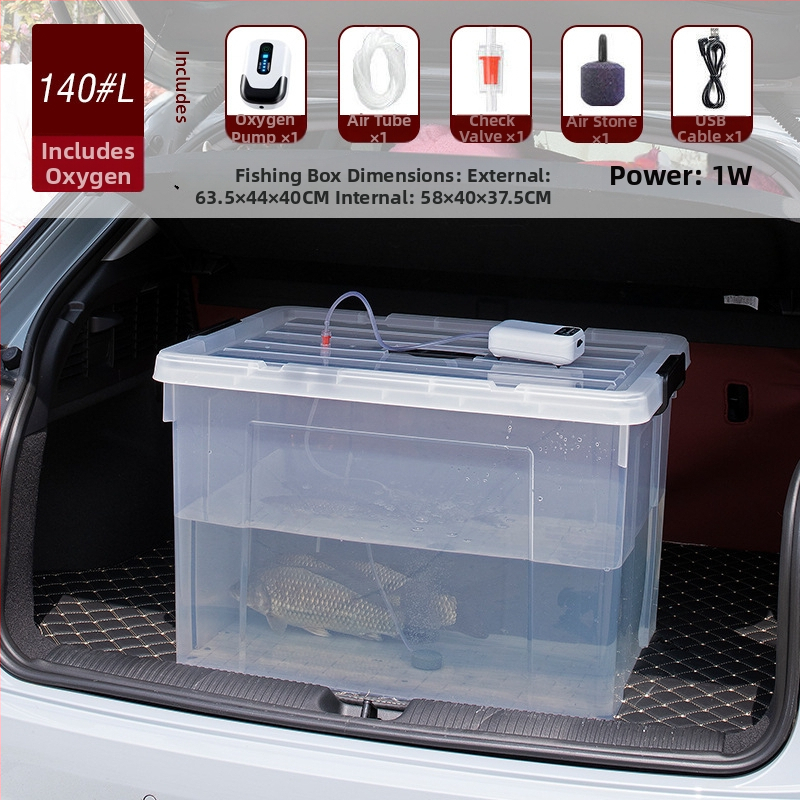 Dzīvām zivīm paredzētais konteineris automašīnas bagāžniekam — plastmasas akvārija kārba zivju audzēšanai un jūras velšu uzglabāšanai
