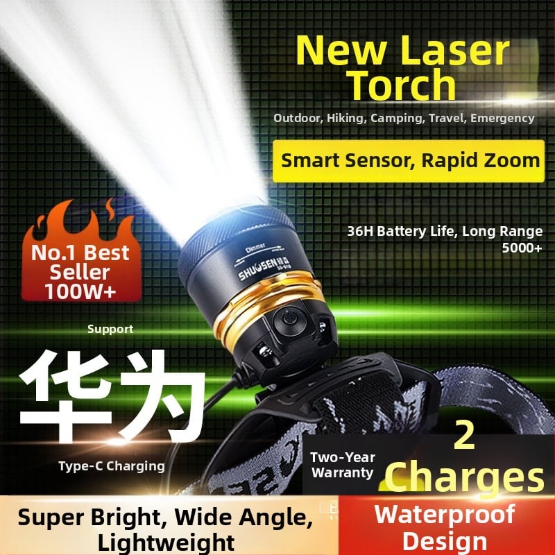 Uzlādes galvas lampa naktijam makšķerēšanai, ar 18650 bateriju, 200–500 m starojums, darbība 2–10 stundas