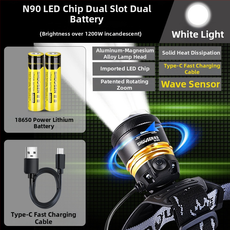 Įkraunama galvos žibintu naktinei žvejybai, 18650 baterija, 200–500 m šviesos spindulys, veikimo laikas 2–10 val.