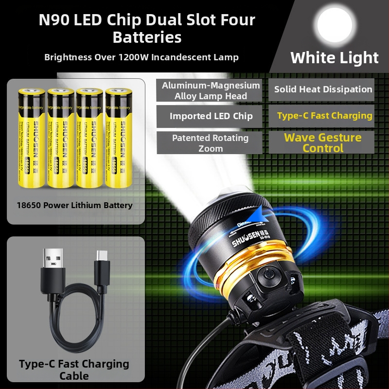 Įkraunama galvos žibintu naktinei žvejybai, 18650 baterija, 200–500 m šviesos spindulys, veikimo laikas 2–10 val.