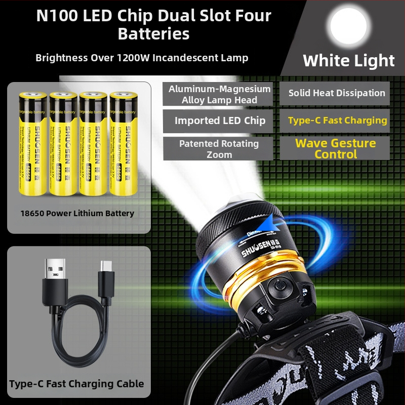 Įkraunama galvos žibintu naktinei žvejybai, 18650 baterija, 200–500 m šviesos spindulys, veikimo laikas 2–10 val.