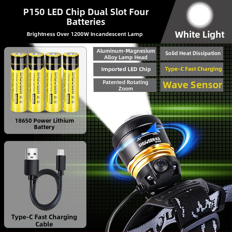 Įkraunama galvos žibintu naktinei žvejybai, 18650 baterija, 200–500 m šviesos spindulys, veikimo laikas 2–10 val.