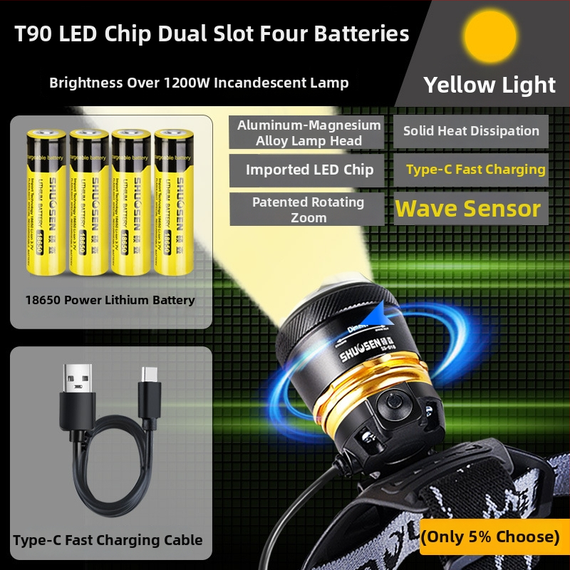 Įkraunama galvos žibintu naktinei žvejybai, 18650 baterija, 200–500 m šviesos spindulys, veikimo laikas 2–10 val.