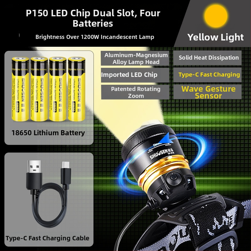 Įkraunama galvos žibintu naktinei žvejybai, 18650 baterija, 200–500 m šviesos spindulys, veikimo laikas 2–10 val.