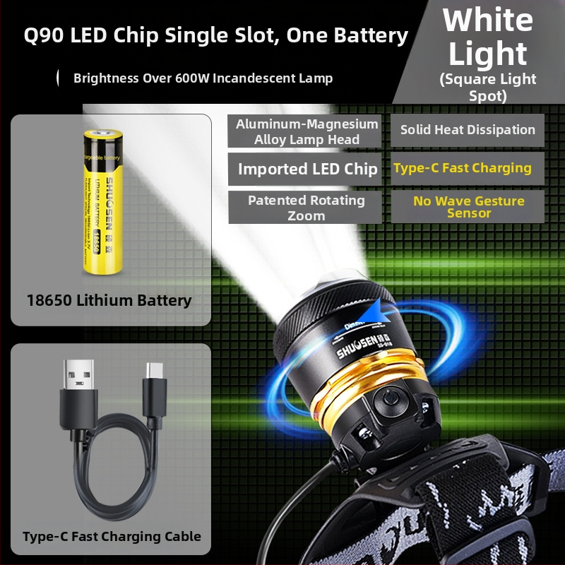 Įkraunama galvos žibintu naktinei žvejybai, 18650 baterija, 200–500 m šviesos spindulys, veikimo laikas 2–10 val.