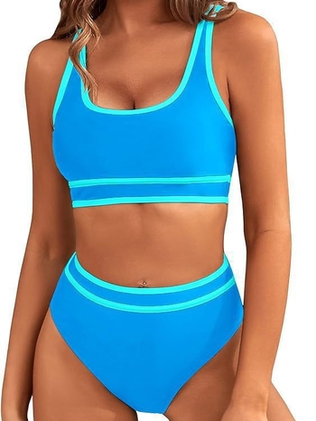 Sieviešu divdaļīgs peldkostīms ar augstu vidukli, atvērtu muguru un uzpildītiem krūšu kausiem; materiāls: neilons ar spandeksa pamatu; raksts: svītraini vai vienkrāsains.