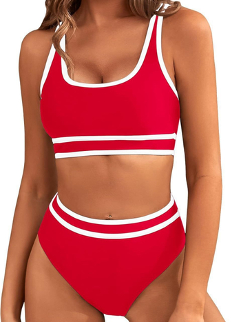 Sieviešu divdaļīgs peldkostīms ar augstu vidukli, atvērtu muguru un uzpildītiem krūšu kausiem; materiāls: neilons ar spandeksa pamatu; raksts: svītraini vai vienkrāsains.