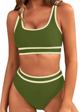 Sieviešu divdaļīgs peldkostīms ar augstu vidukli, atvērtu muguru un uzpildītiem krūšu kausiem; materiāls: neilons ar spandeksa pamatu; raksts: svītraini vai vienkrāsains.