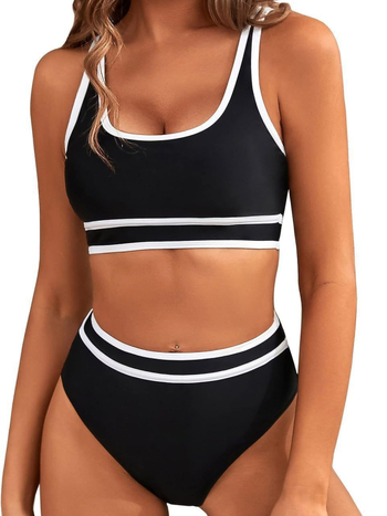 Sieviešu divdaļīgs peldkostīms ar augstu vidukli, atvērtu muguru un uzpildītiem krūšu kausiem; materiāls: neilons ar spandeksa pamatu; raksts: svītraini vai vienkrāsains.