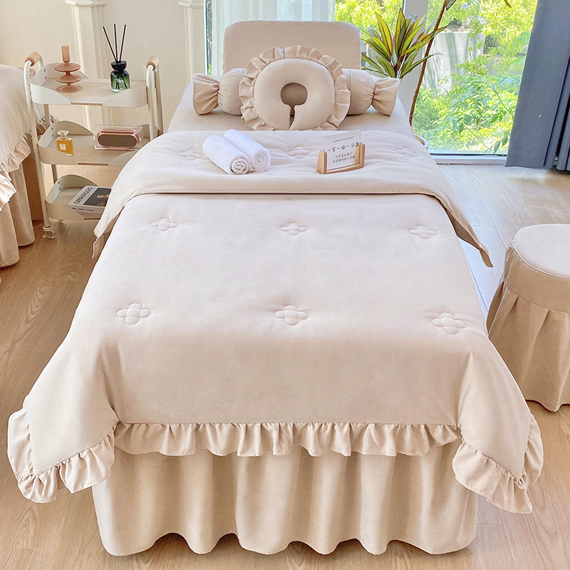 Četverodijelni set navlaka za krevet za kozmetički salon, korejski stil, minimalistički svijetao luksuz, poliester, strojno pranje, za krevet širine 0,8 m