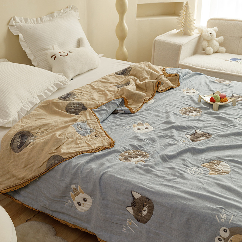 Bērnu karikatūras piecu slāņu marles gultas segu – 100% kokvilna, elpojoša, piemērota pavasarim un rudenim, reaktīvā druka, 1,55–2,0 kg