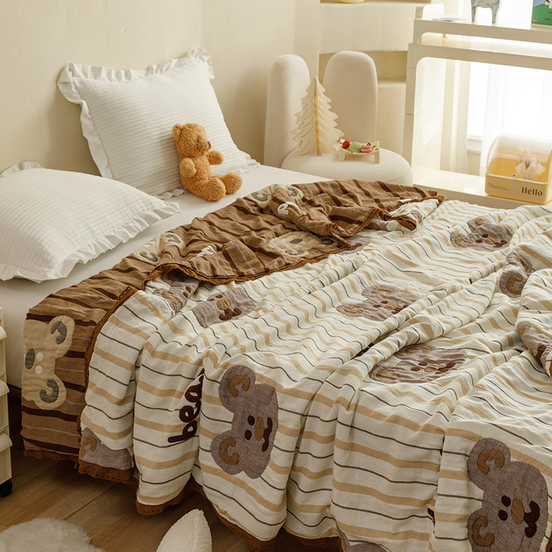 Bērnu karikatūras piecu slāņu marles gultas segu – 100% kokvilna, elpojoša, piemērota pavasarim un rudenim, reaktīvā druka, 1,55–2,0 kg