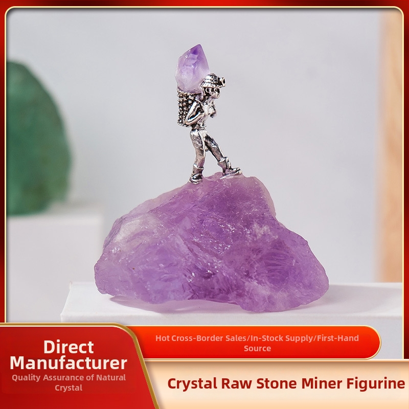 Bányász alakú kristály ércemintadarab, ametiszt és zöld fluorit, dekoratív geometriás kristály dísztárgy