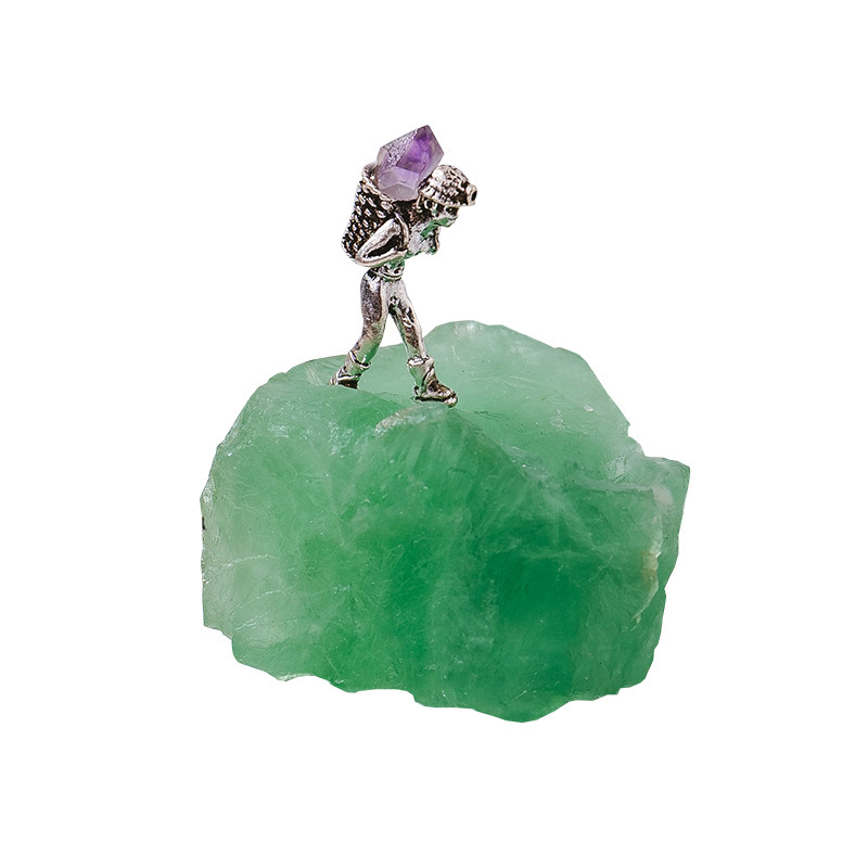 Bányász alakú kristály ércemintadarab, ametiszt és zöld fluorit, dekoratív geometriás kristály dísztárgy