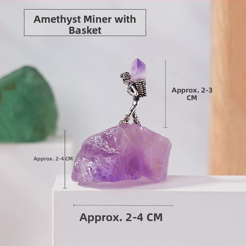 Bányász alakú kristály ércemintadarab, ametiszt és zöld fluorit, dekoratív geometriás kristály dísztárgy