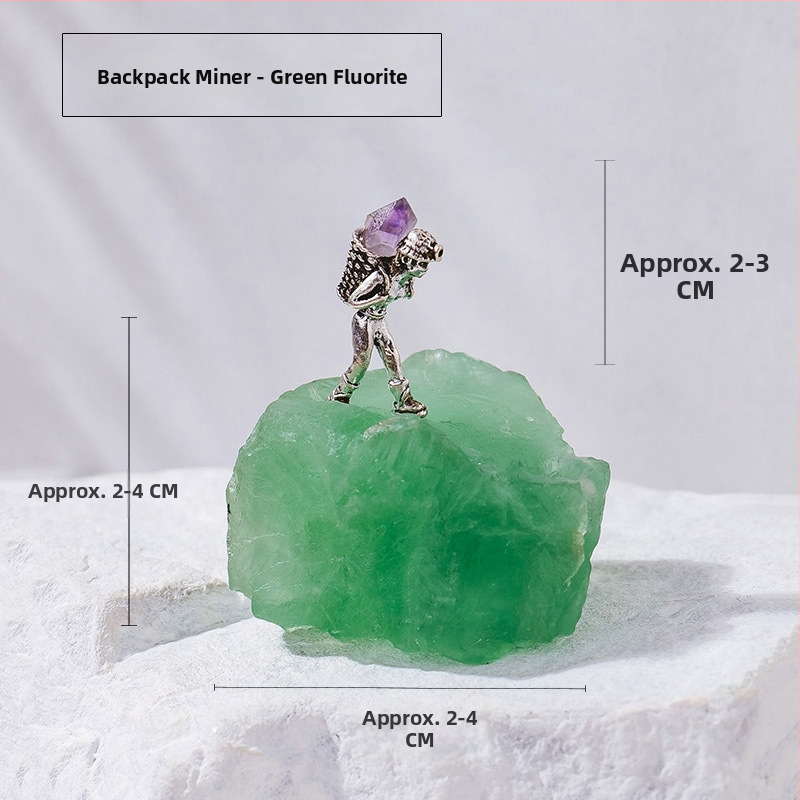 Bányász alakú kristály ércemintadarab, ametiszt és zöld fluorit, dekoratív geometriás kristály dísztárgy