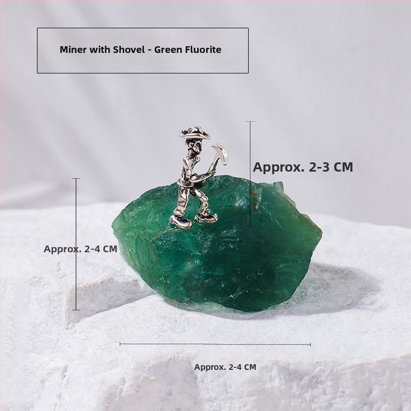 Bányász alakú kristály ércemintadarab, ametiszt és zöld fluorit, dekoratív geometriás kristály dísztárgy