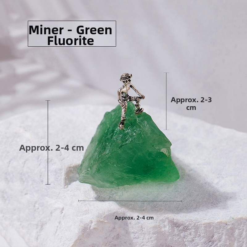 Bányász alakú kristály ércemintadarab, ametiszt és zöld fluorit, dekoratív geometriás kristály dísztárgy