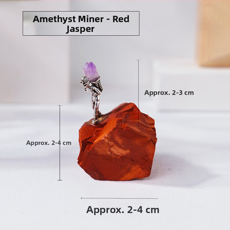 Bányász alakú kristály ércemintadarab, ametiszt és zöld fluorit, dekoratív geometriás kristály dísztárgy